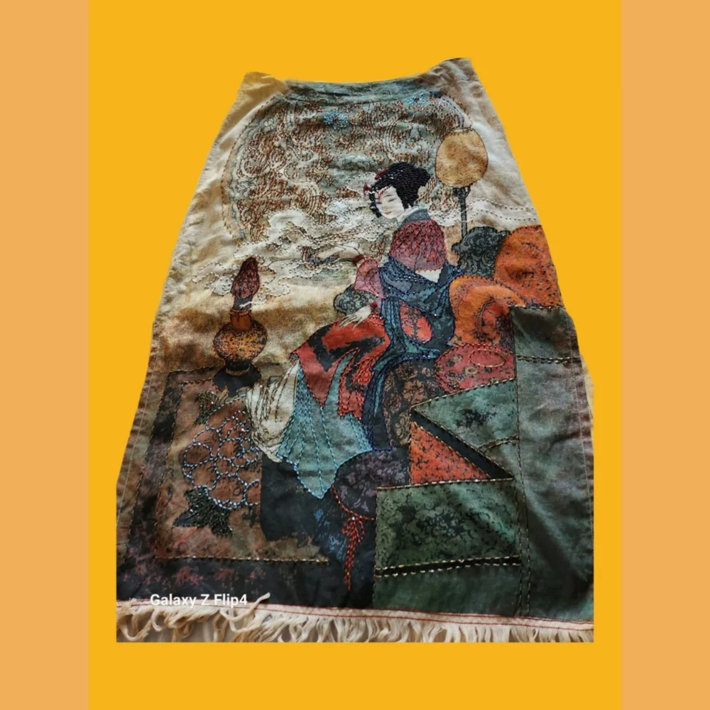 VINTAGE KOKOMO UN LTD BEADED GEISHA GIRL ABSTRACT PRINT LONG FRINGED SKIRT - Picture 7 of 7